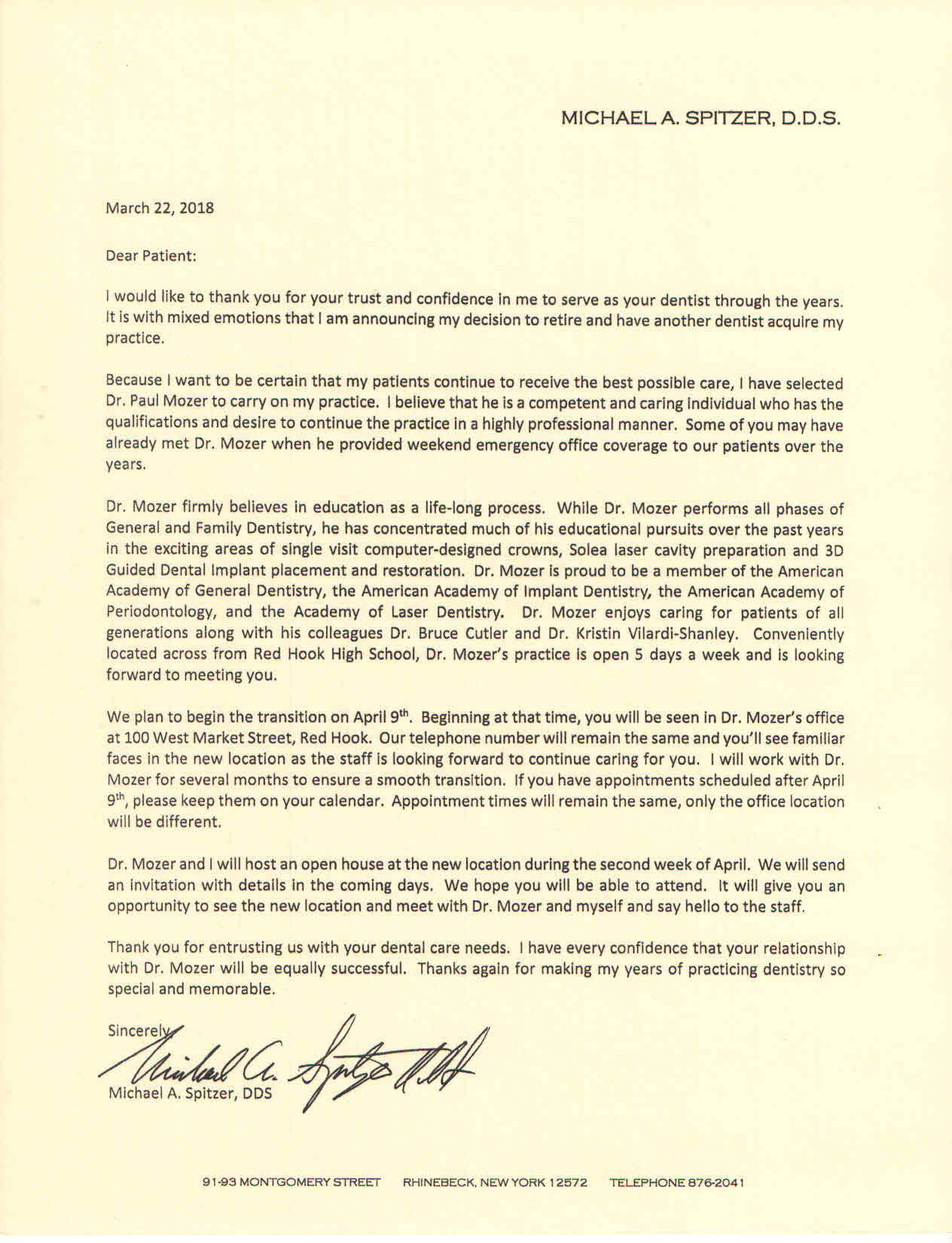 Dr. Spitzer Retirement Letter